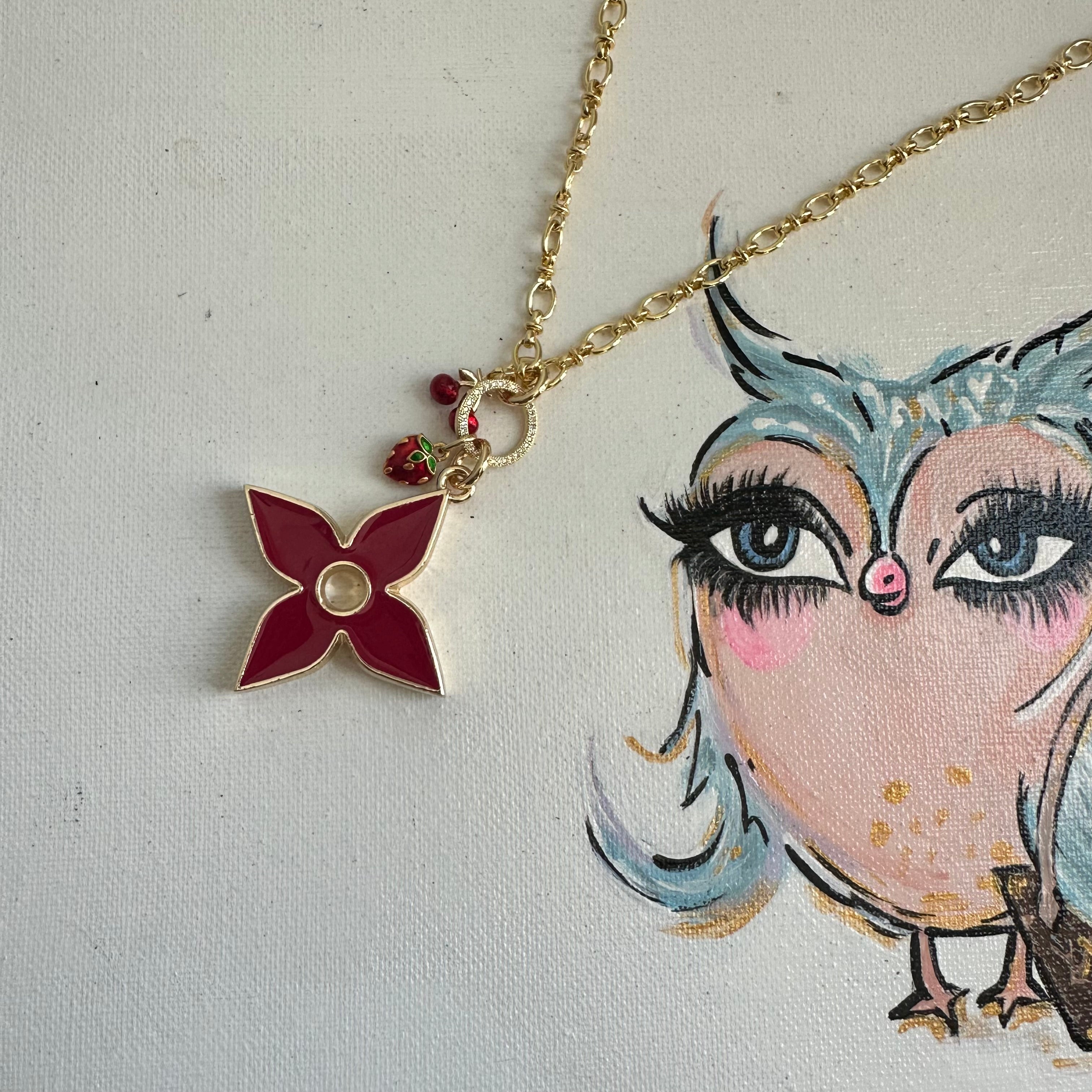 Upcycled LV Quatrefoil Charm Necklace in Deep Red - with Cherries and Strawberry Charms