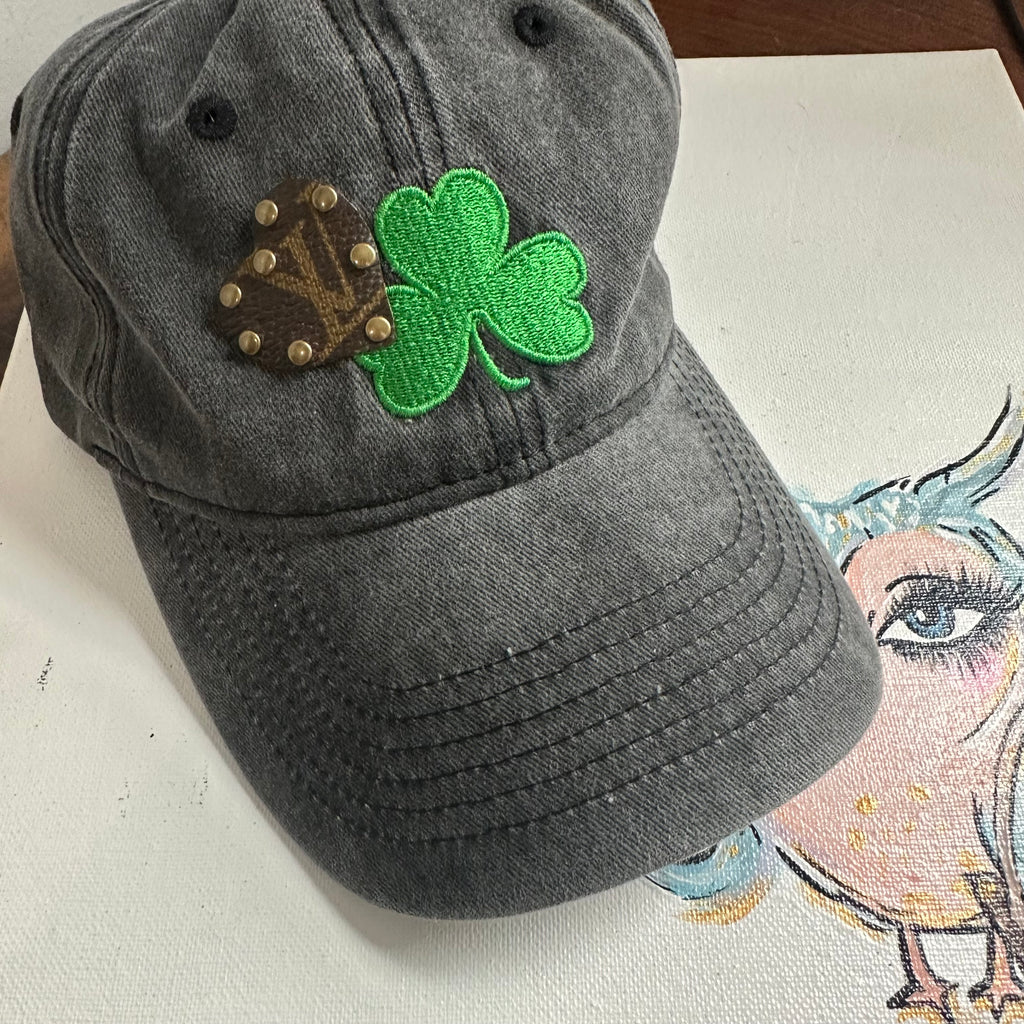 Upcycled LV Heart Patch on Black Washed Hat with Green Shamrock