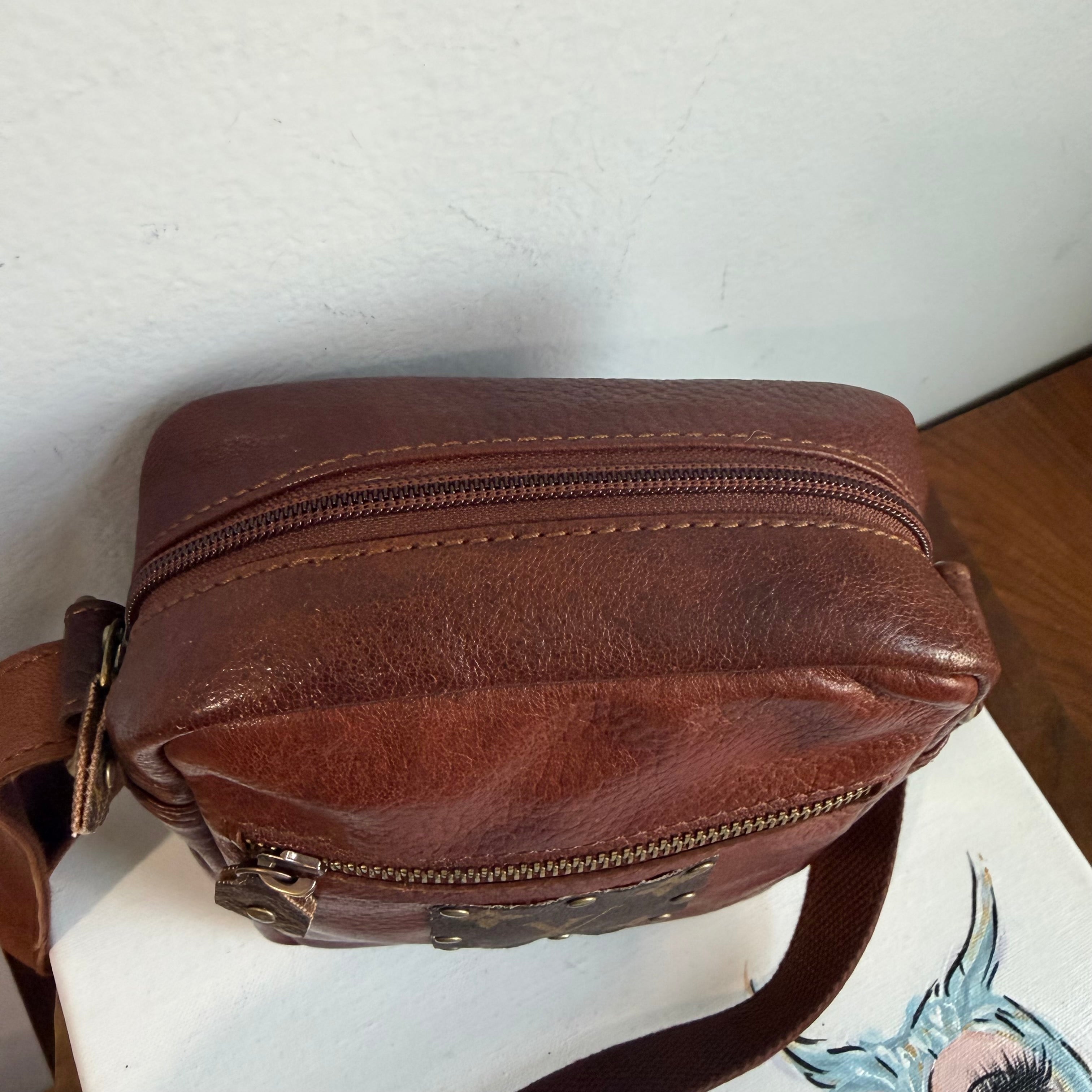 Cognac Leather Messenger Bag with LV Monogram Patch