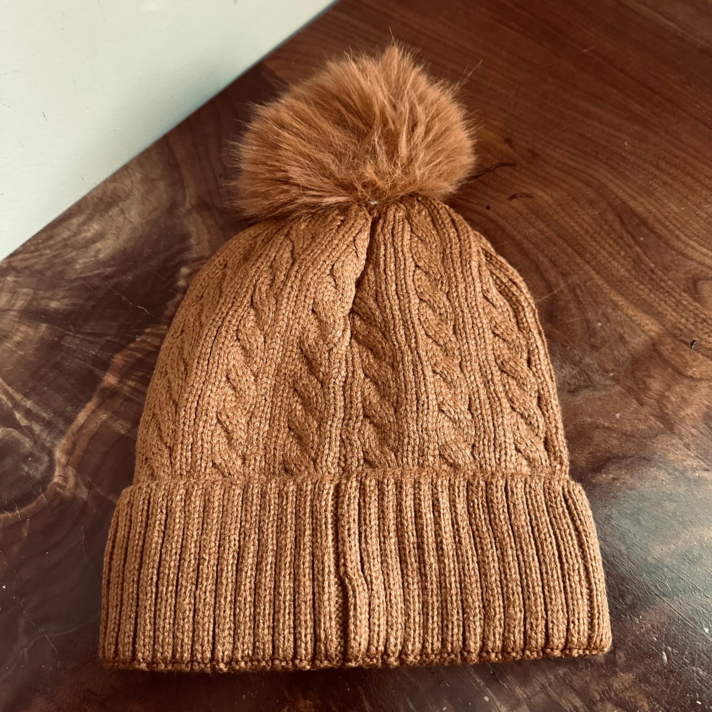 Upcycled LV Patch on Cognac-Colored Pom Beanie Hat