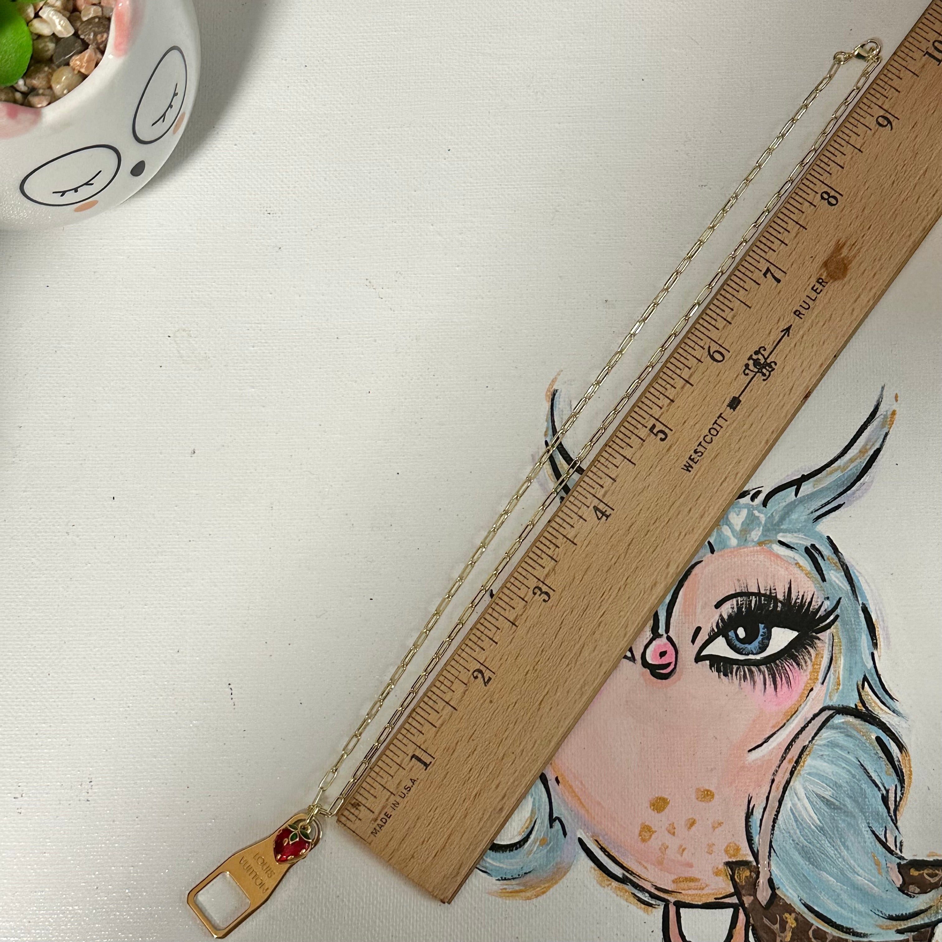 Upcycled Gold LV Zipper Pull with Fruit Charm Necklace