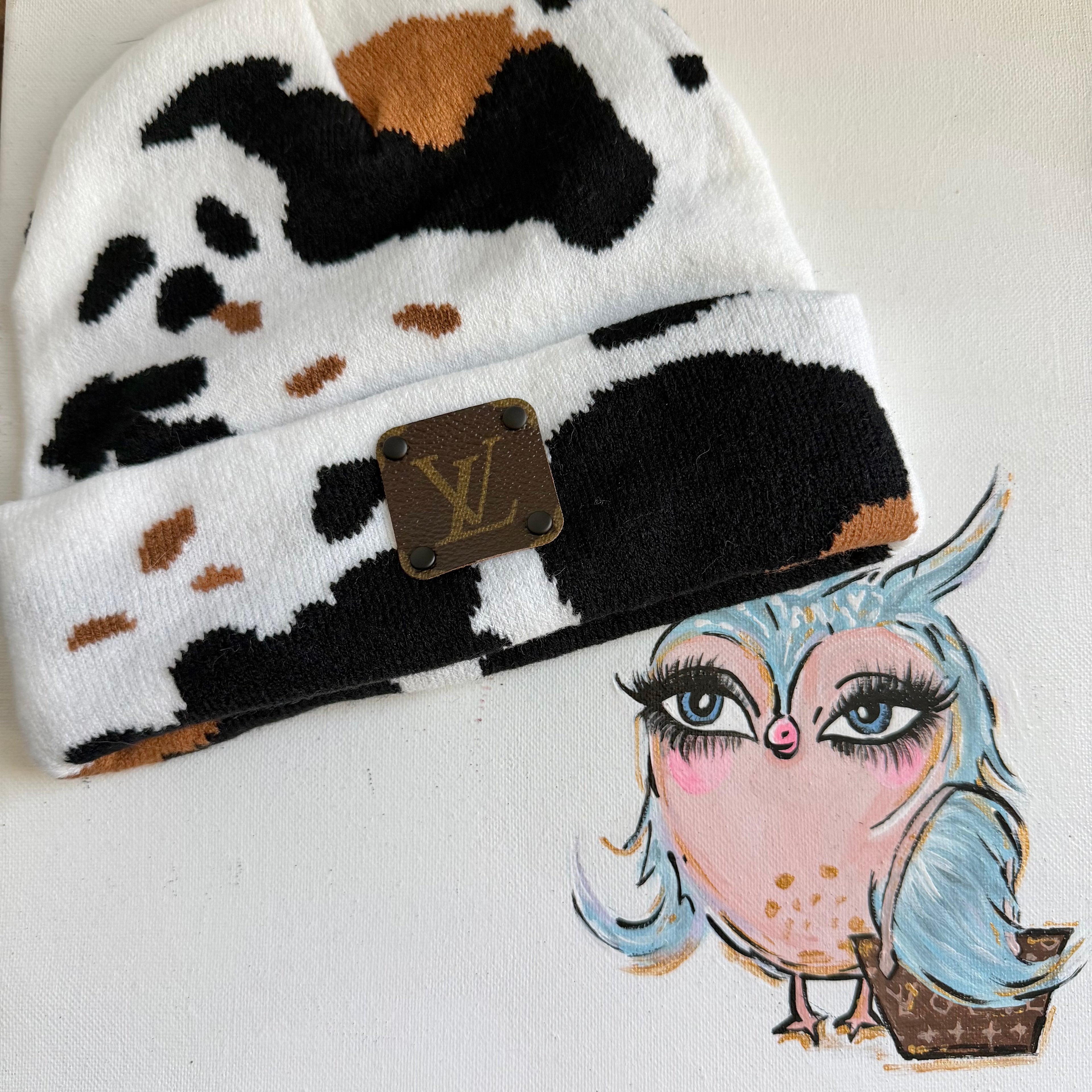 Cow Print Beanie with Upcycled LV Patch (No Pom)
