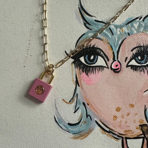 Upcycled LV Lock Charm Necklace in Pink