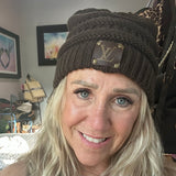 Chocolate Brown Beanie with Upcycled LV Patch (No Pom)