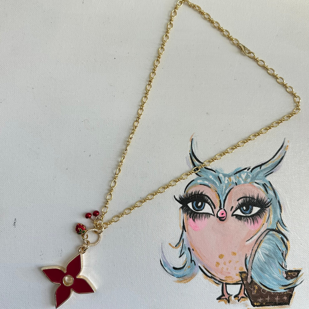 Upcycled LV Quatrefoil Charm Necklace in Deep Red - with Cherries and Strawberry Charms