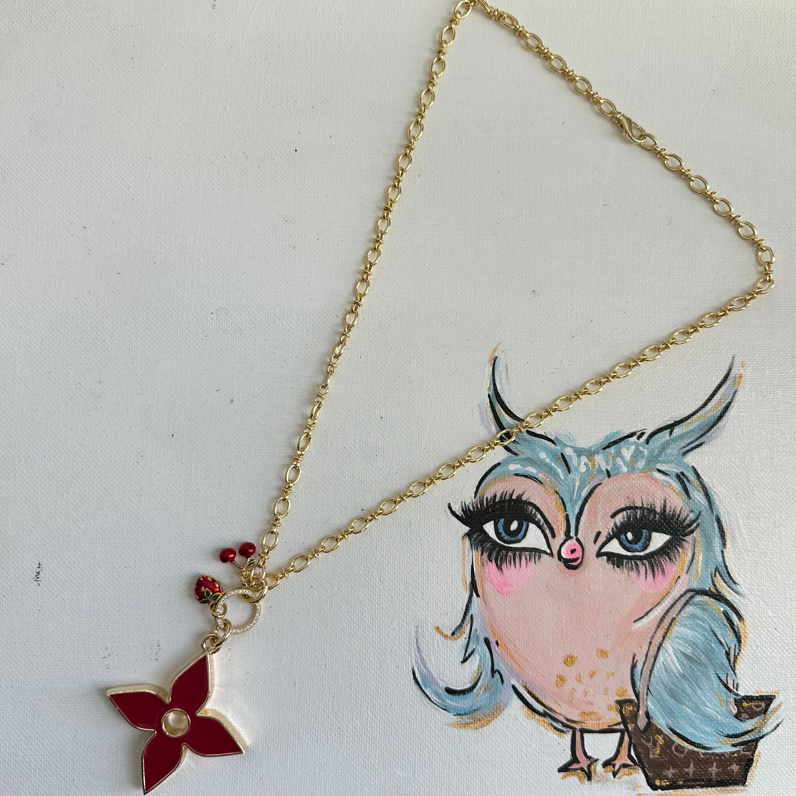 Upcycled LV Quatrefoil Charm Necklace in Deep Red - with Cherries and Strawberry Charms