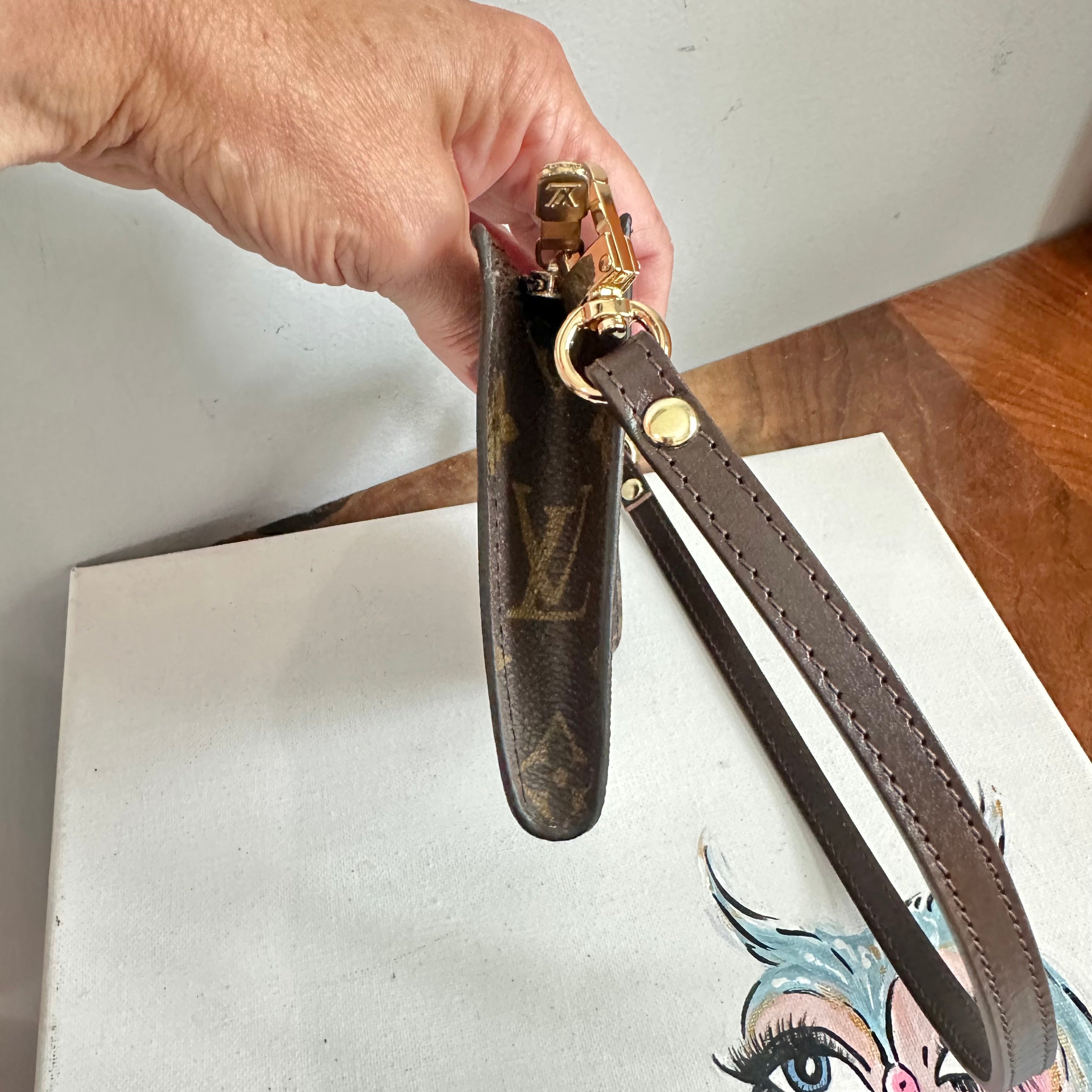 The Junco - Upcycled LV Monogram Wristlet in Dark Brown