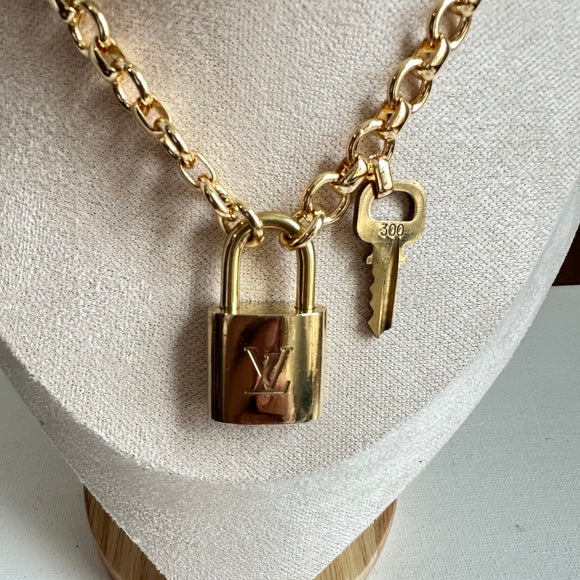 Key to My Heart Necklace - Upcycled LV Padlock on Gold-Filled Chain