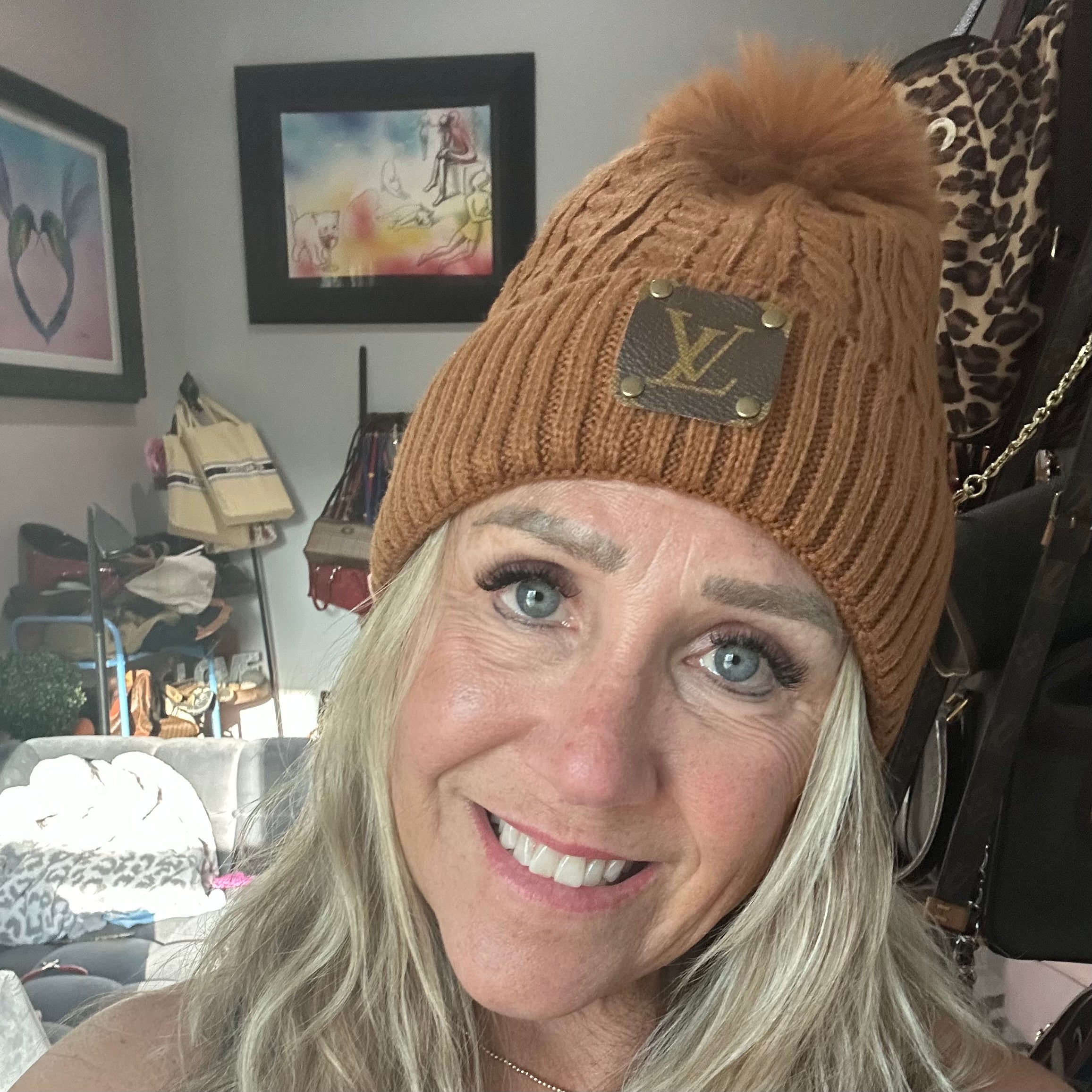 Upcycled LV Patch on Cognac-Colored Pom Beanie Hat