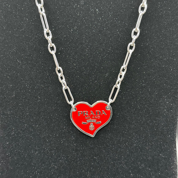 Prada Heart Bag Tag Necklace Red Silver on White Gold Filled