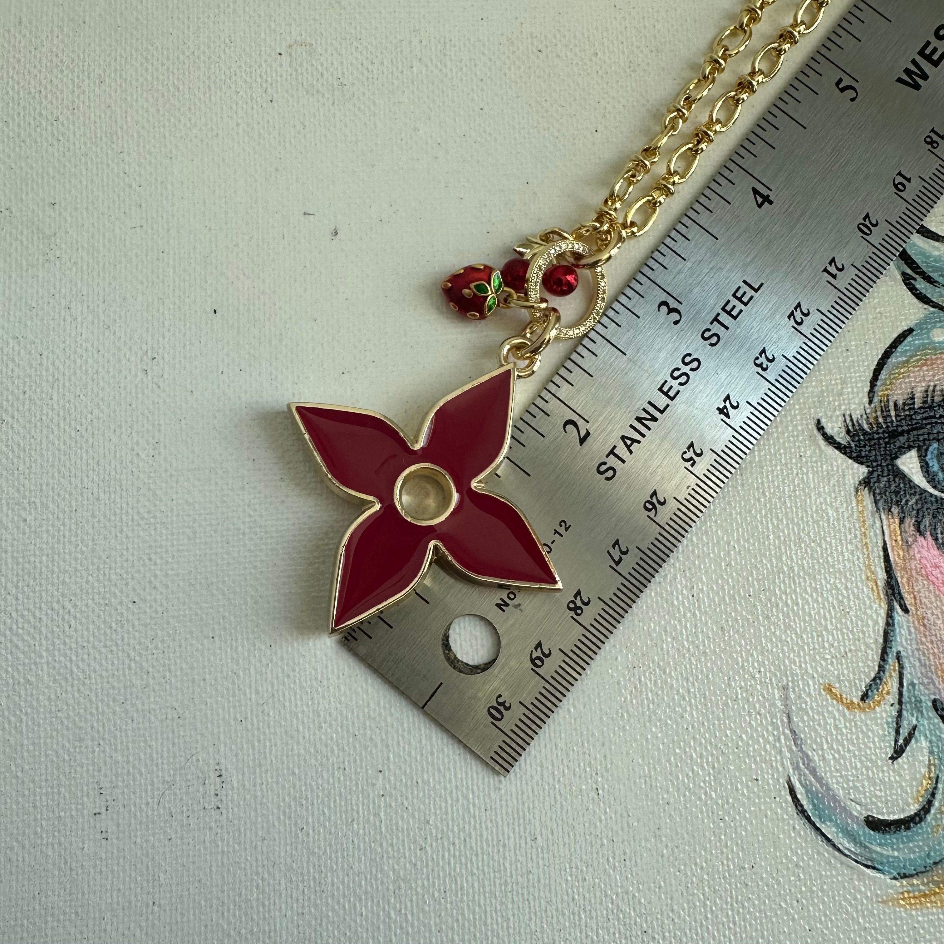 Upcycled LV Quatrefoil Charm Necklace in Deep Red - with Cherries and Strawberry Charms