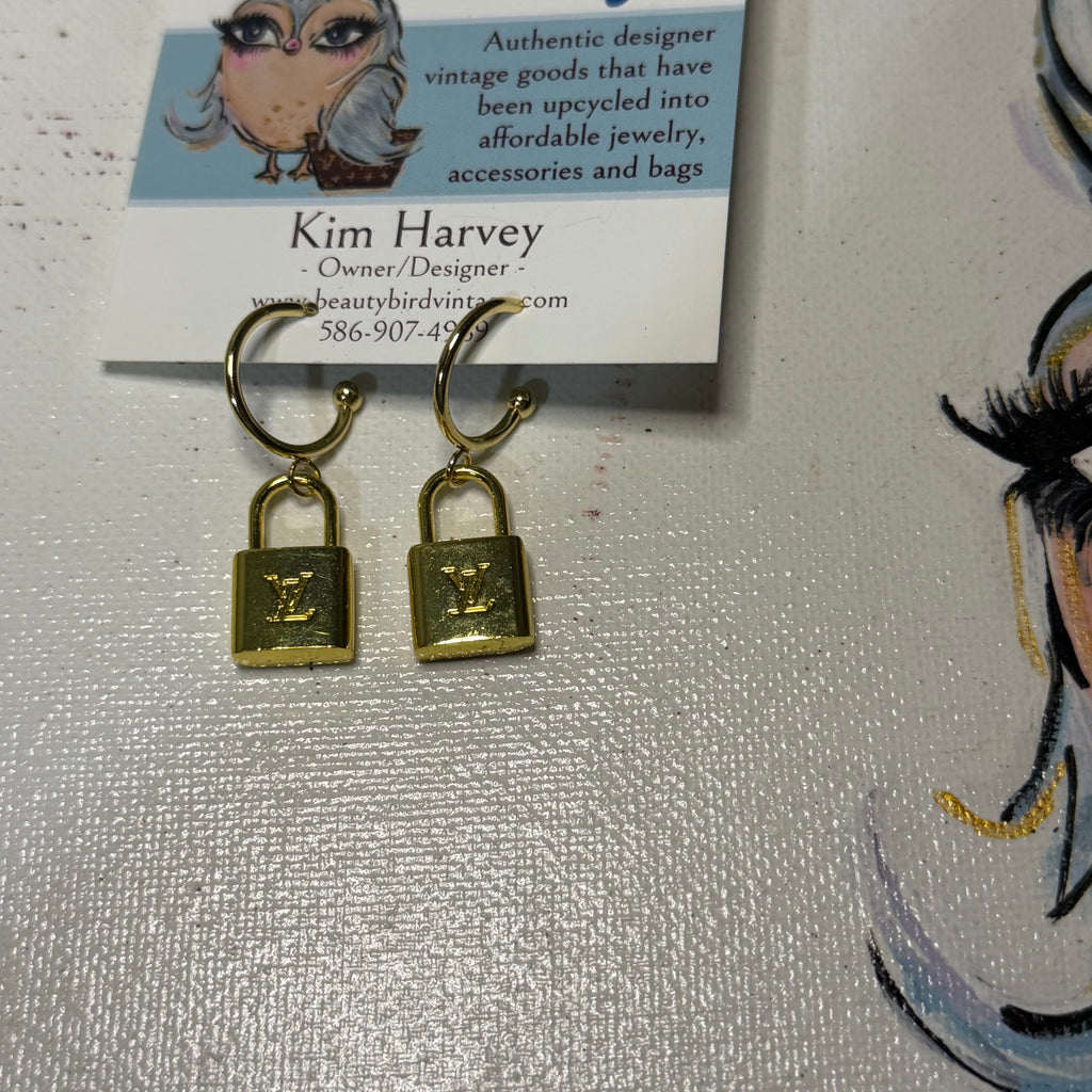 Upcycled LV Lock Charm Hoop Earrings with Posts