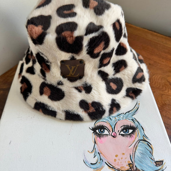 Leopard Print Bucket Hat with Upcycled LV Patch