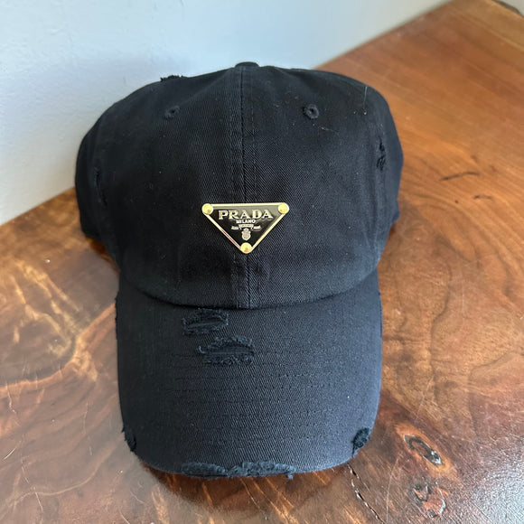 Upcycled Black/Gold Prada Tag Hat in Black