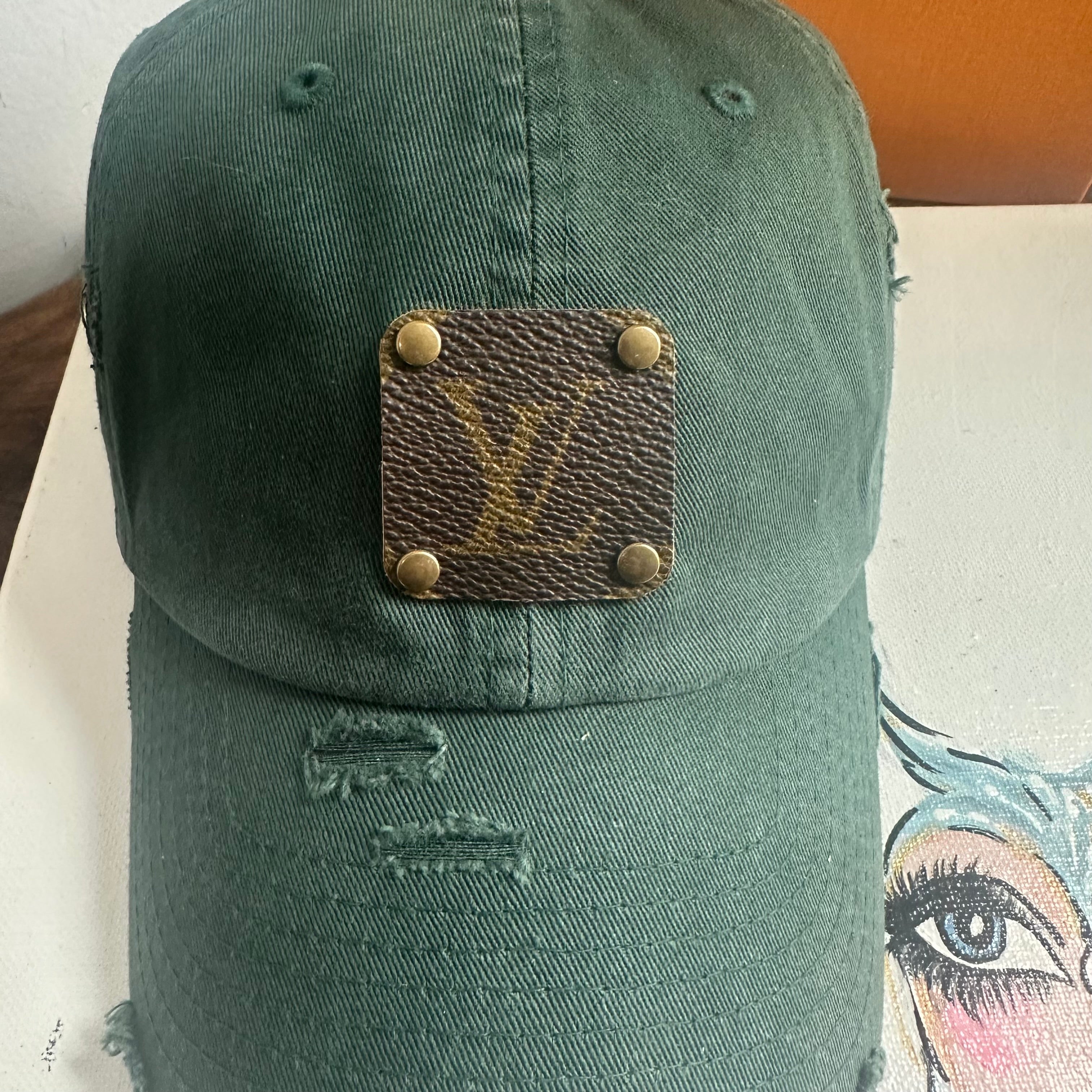 Upcycled LV Patch on Distressed Forest Green Hat