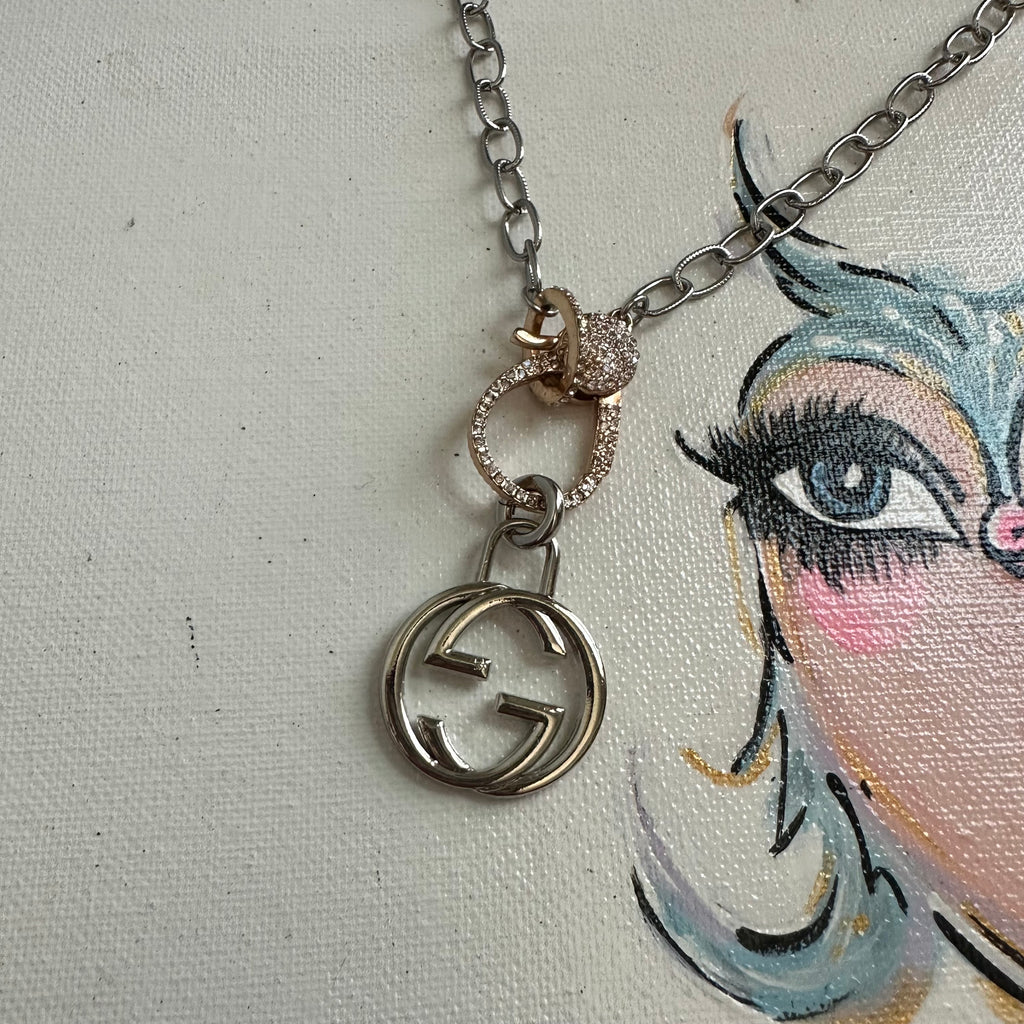 Silver GG Zipper pull on Silver Necklace with fun Rose Gold Clasp