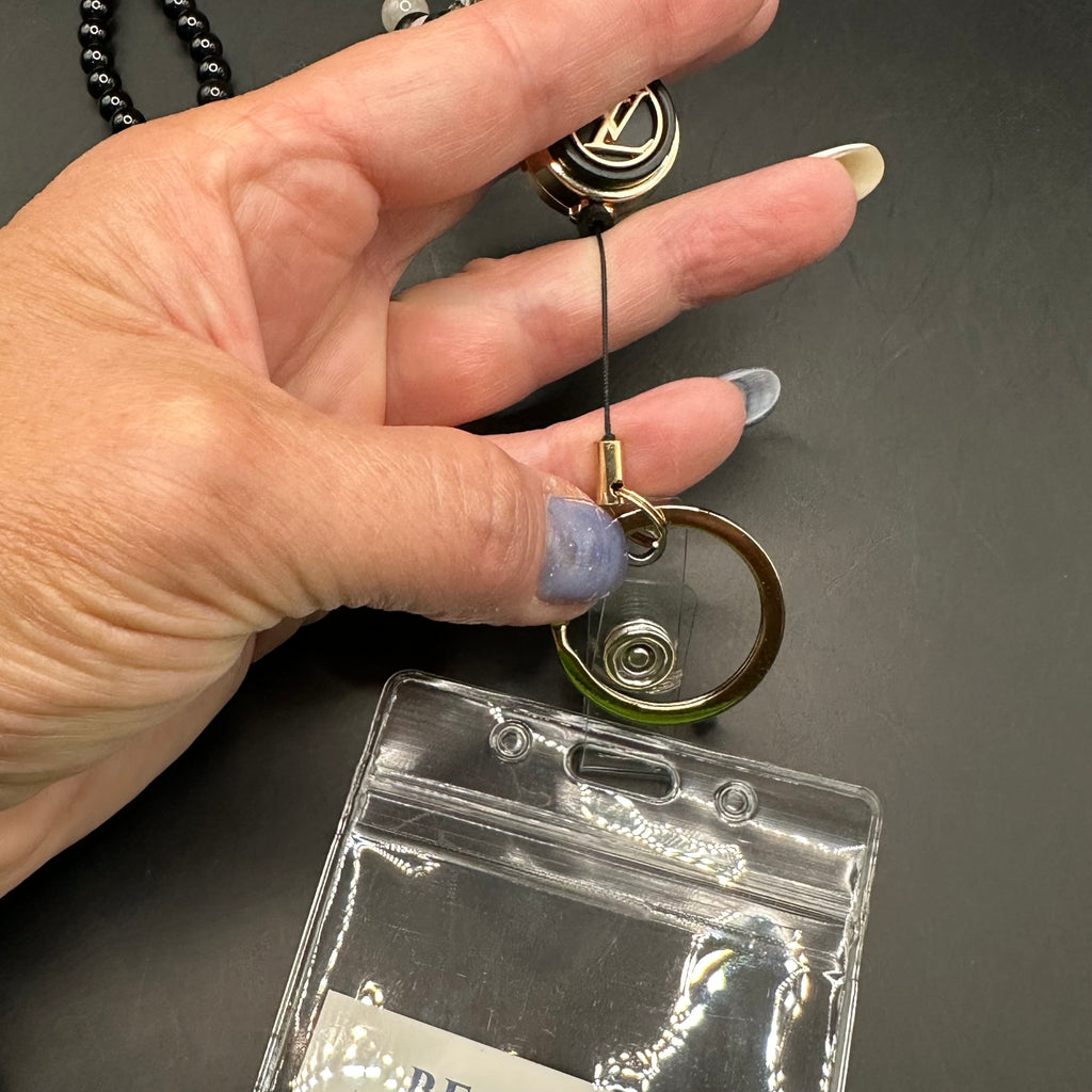 Upcycled LV Button Lanyard/Badge Holder in Black Tourmaline Quartz
