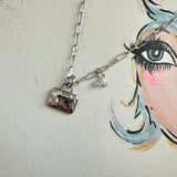 Silver LV Bag Charm with Cherries on Paperclip chain Necklace