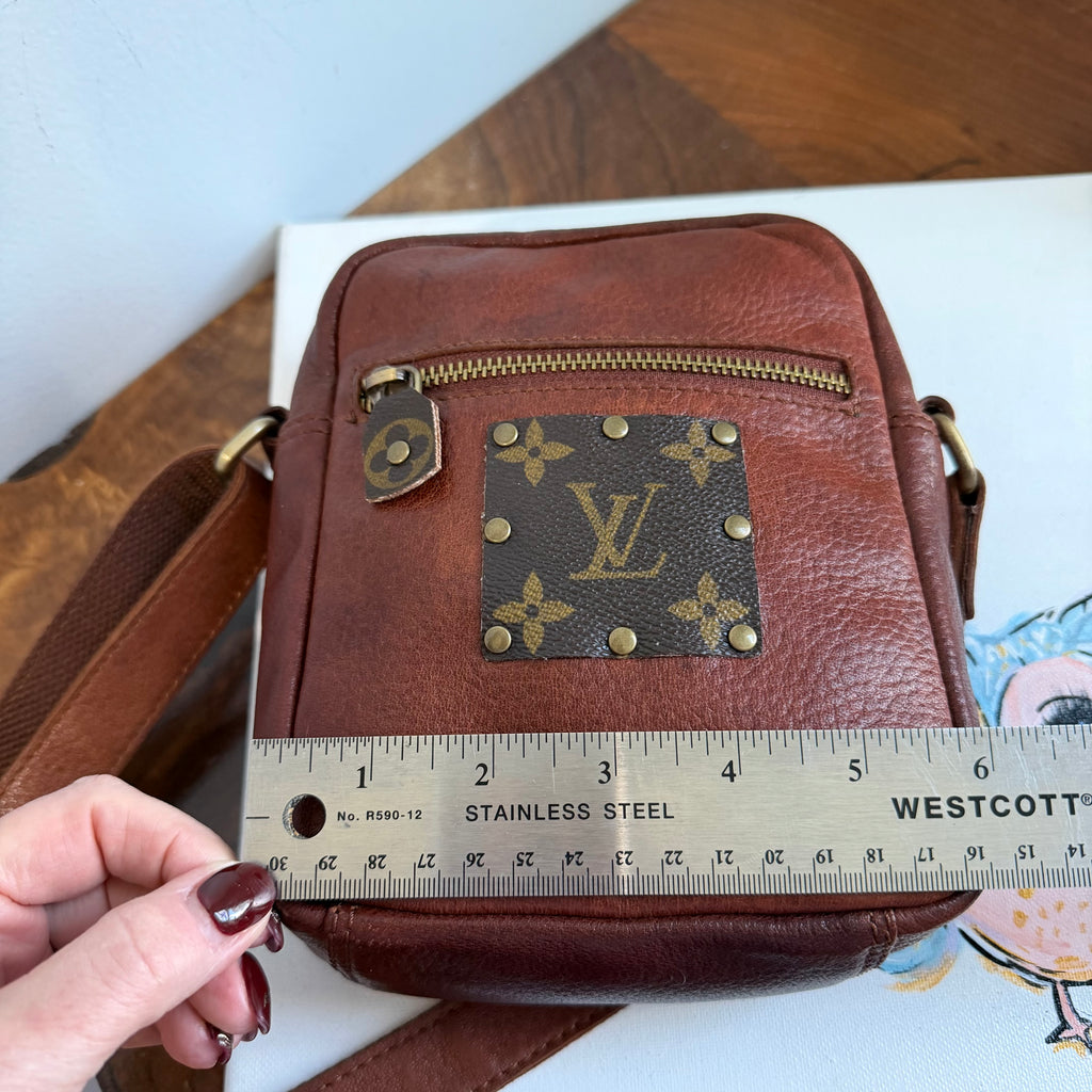 Cognac Leather Messenger Bag with LV Monogram Patch