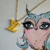 Yellow Resin LV Pendant on Gold-Filled Paperclip Chain Necklace