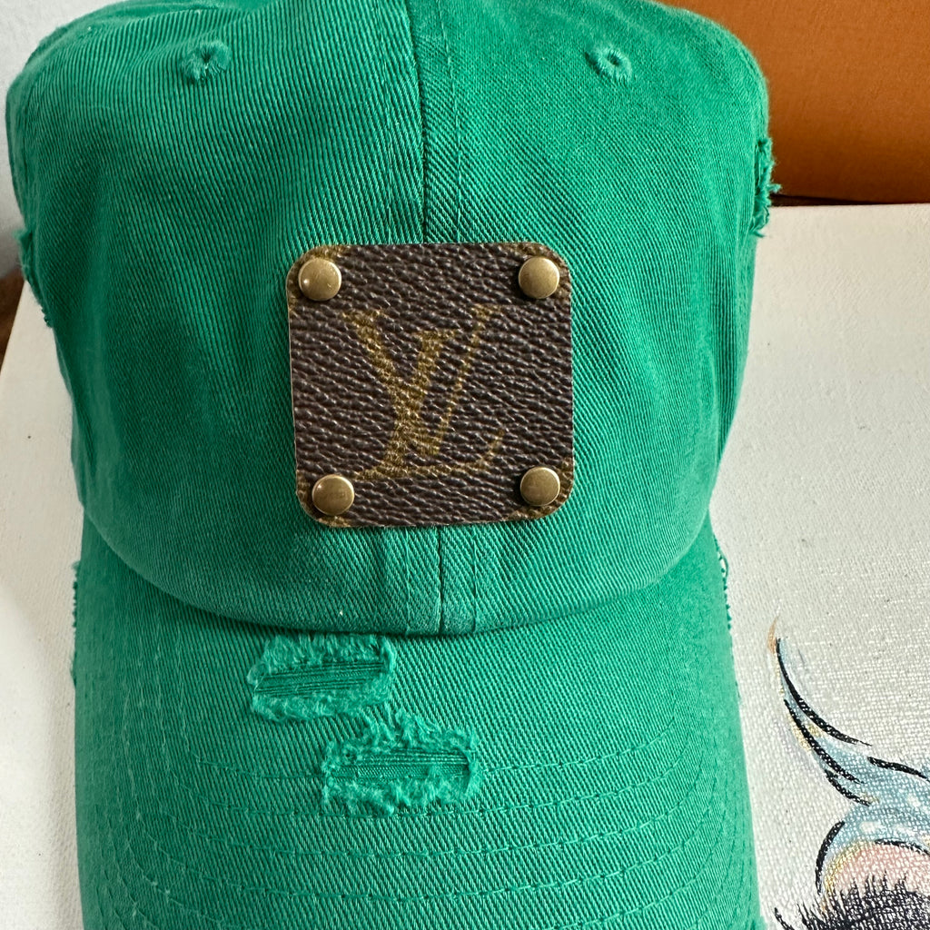 Upcycled LV Patch on Distressed Kelly Green Hat