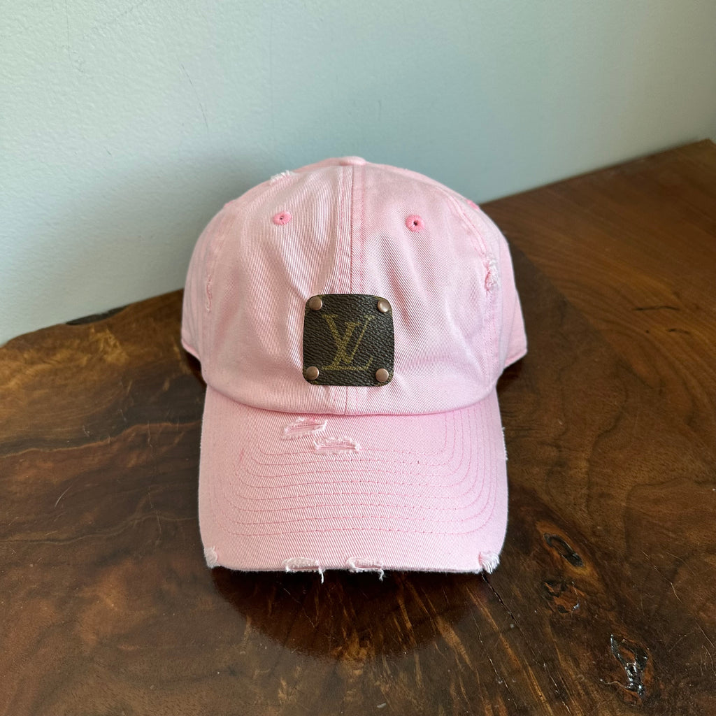 Upcycled LV Patch on Distressed Pink Hat