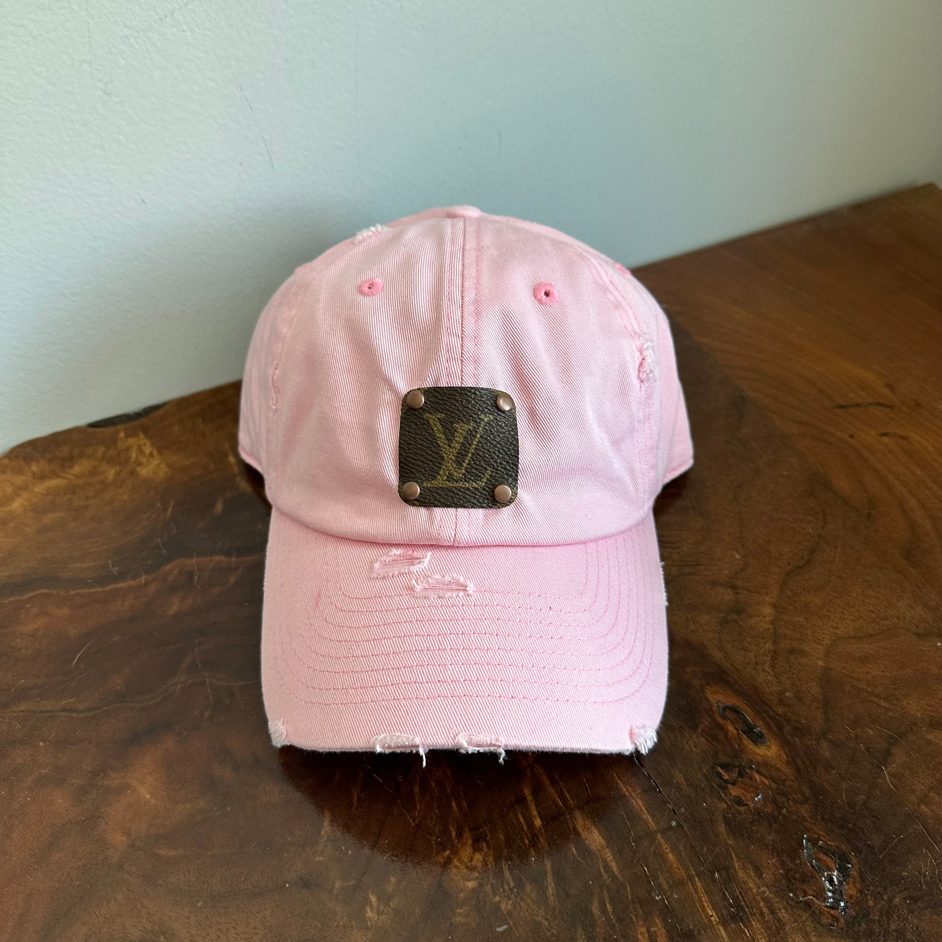 Upcycled LV Patch on Distressed Pink Hat