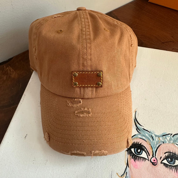 Cognac Colored Distressed Hat with LV Leather Patch