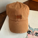 Cognac Colored Distressed Hat with LV Leather Patch