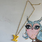 Yellow Resin LV Pendant on Gold-Filled Paperclip Chain Necklace