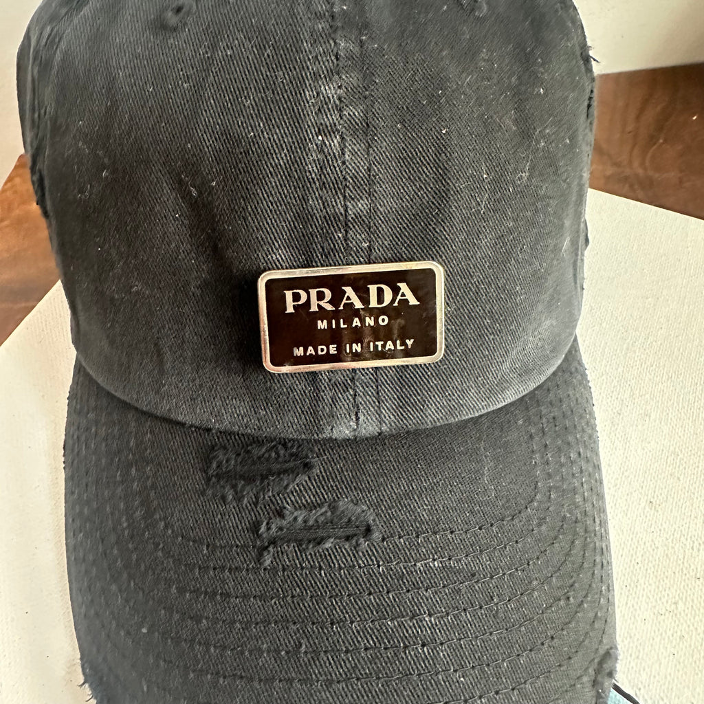 Upcycled Black Prada Tag Hat in Black Hat