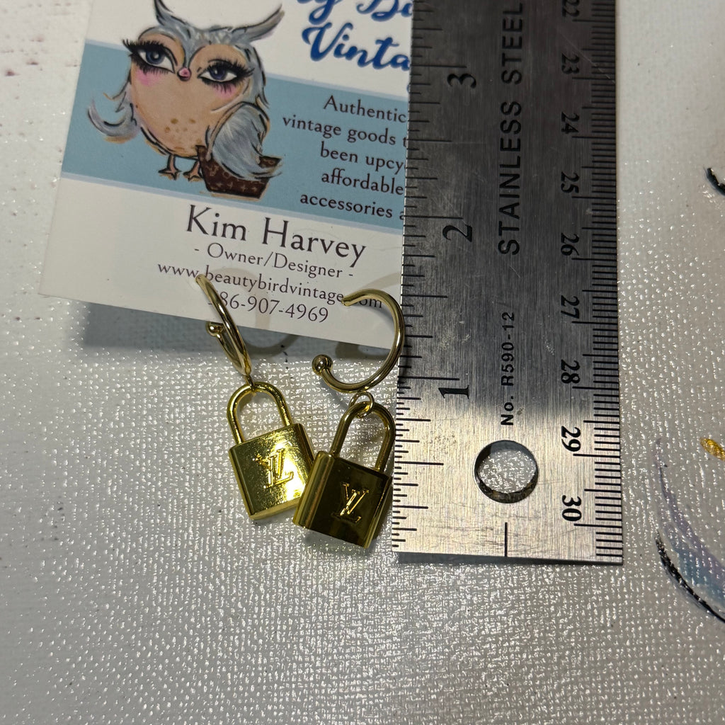 Upcycled LV Lock Charm Hoop Earrings with Posts