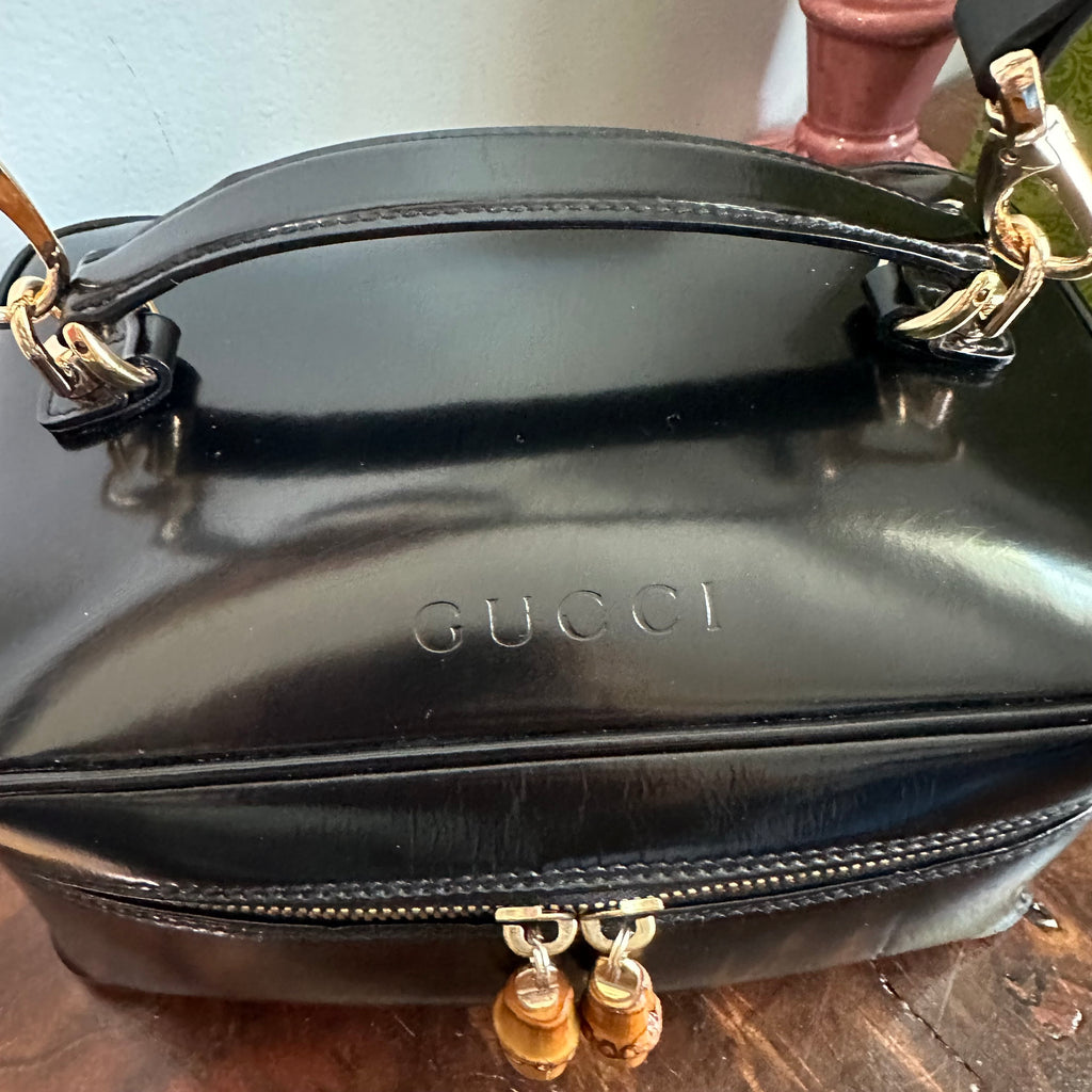 The Junco Crossbody/Clutch - Larger Vintage Gucci Bamboo Cosmetic Bag in Black Leather