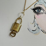 Key to My Heart Necklace - Upcycled LV Padlock on Gold-Filled Chain with Blingy Circle