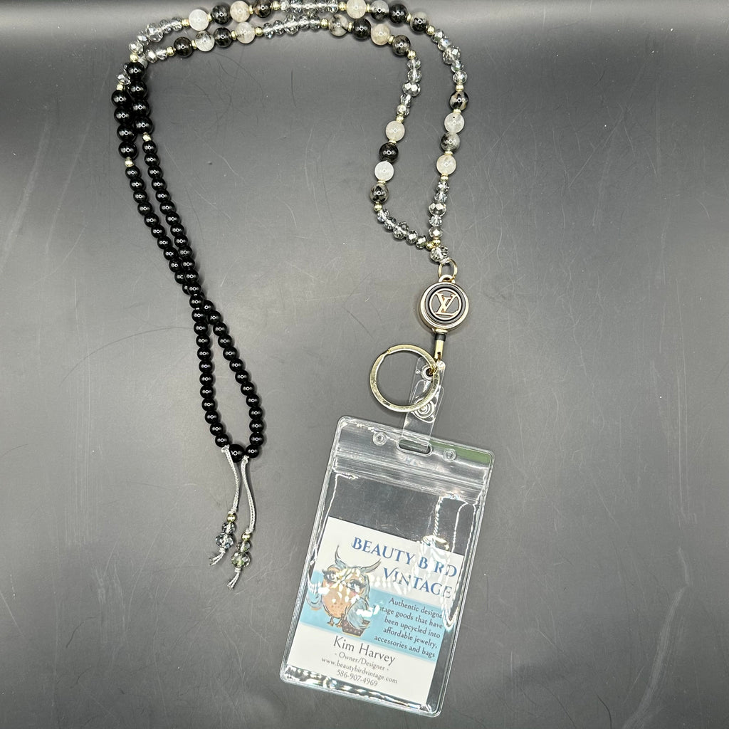 Upcycled LV Button Lanyard/Badge Holder in Black Tourmaline Quartz