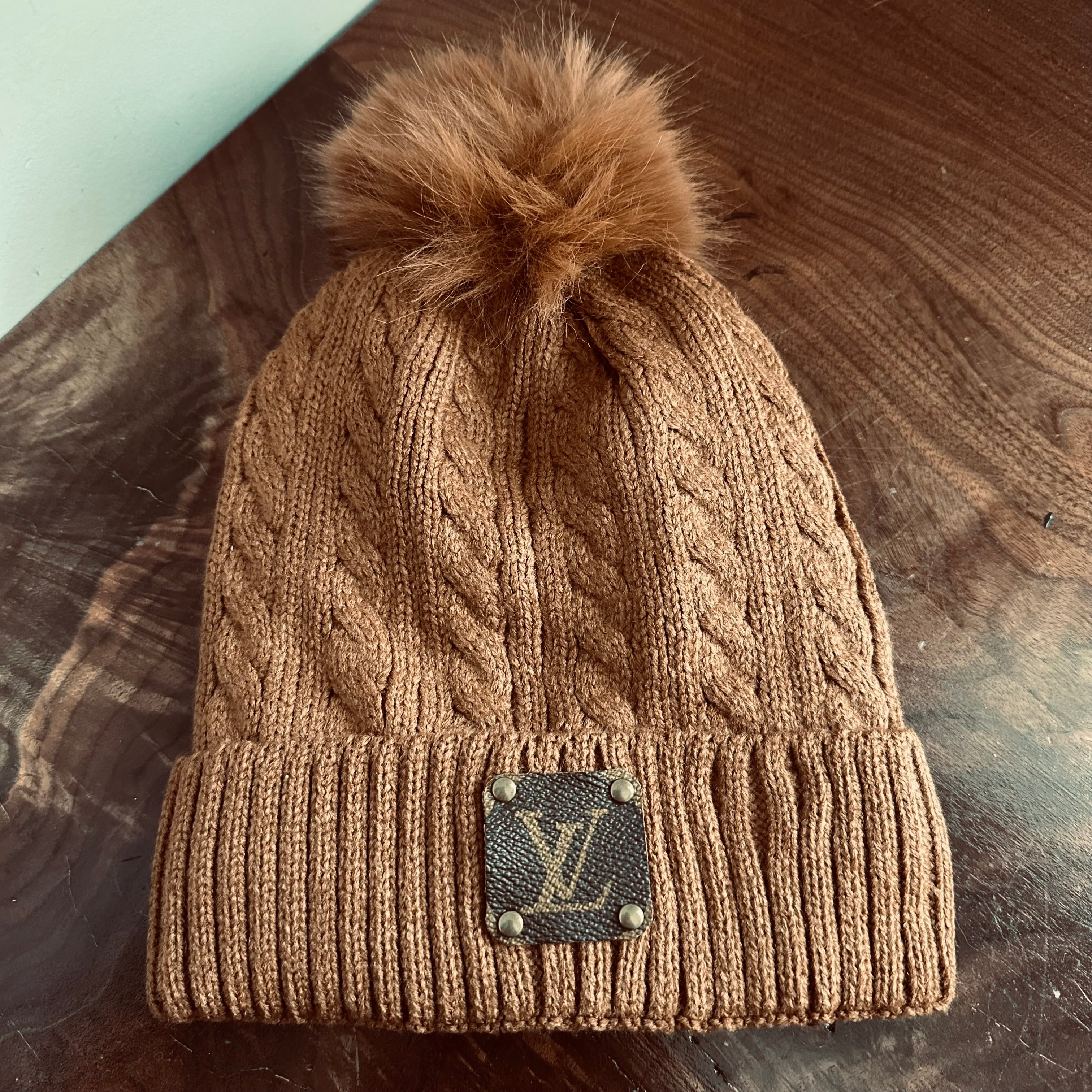 Upcycled LV Patch on Cognac-Colored Pom Beanie Hat
