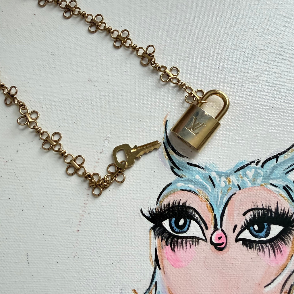 Key to My Heart Necklace - Upcycled LV Padlock on Floral Brass Chain