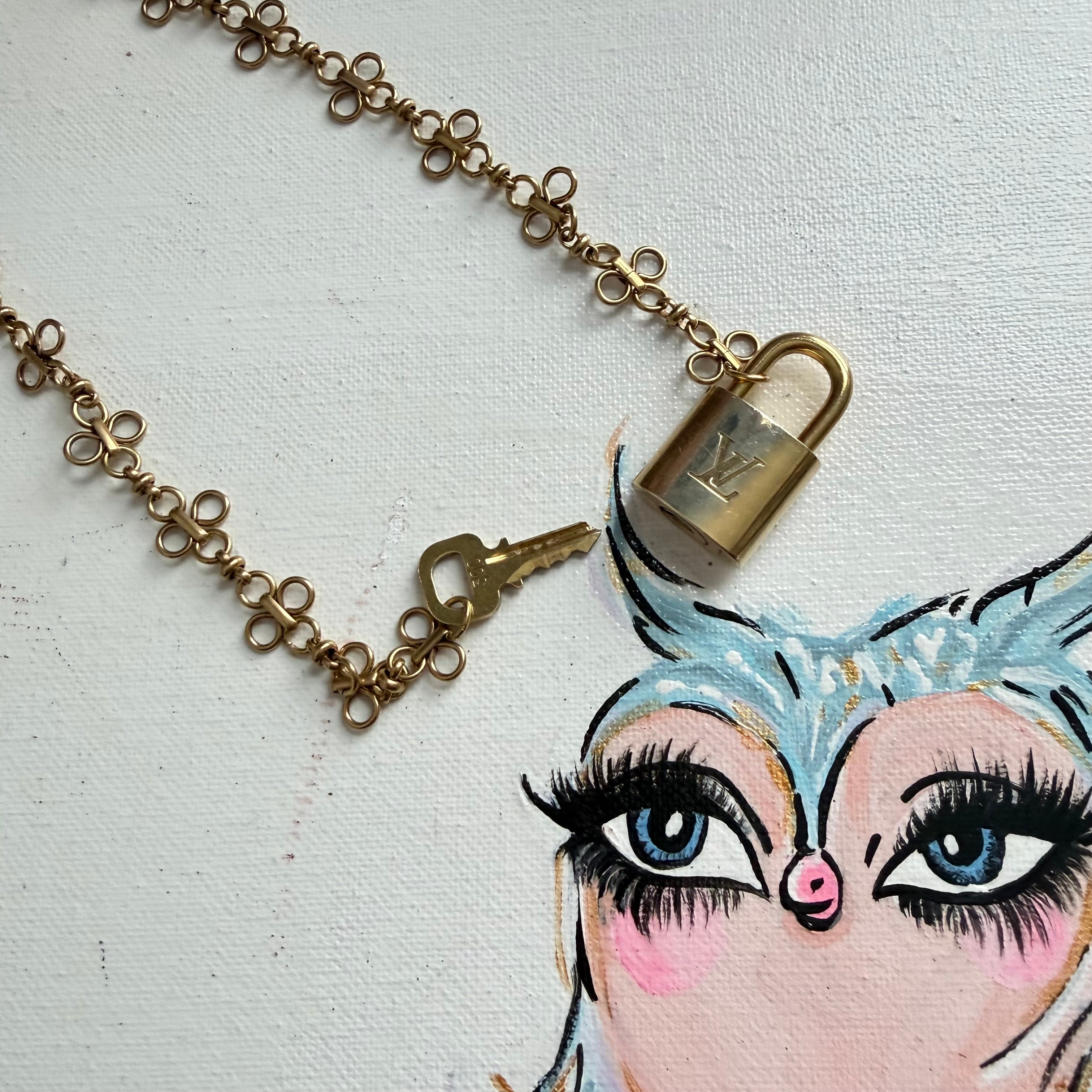 Key to My Heart Necklace - Upcycled LV Padlock on Floral Brass Chain