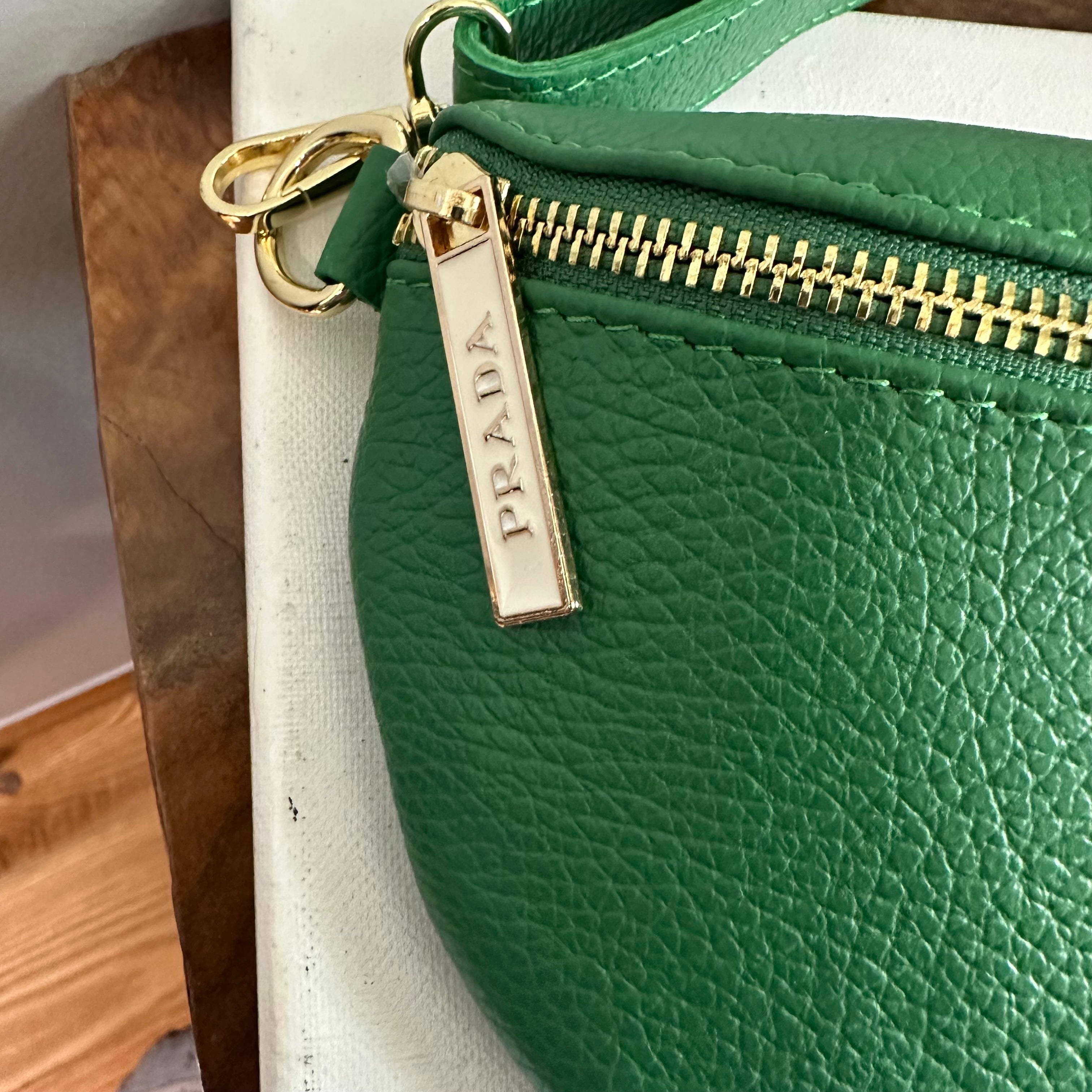 Green Leather Prada Tag Sling/Fanny Pack Bag Gold (larger)