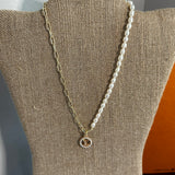Pearl LV Zipper Pull on Pearl/Paperclip Chain Necklace