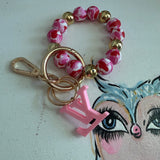 Pink Leopard Beaded Wristlet Keychain with Pink LV Charm