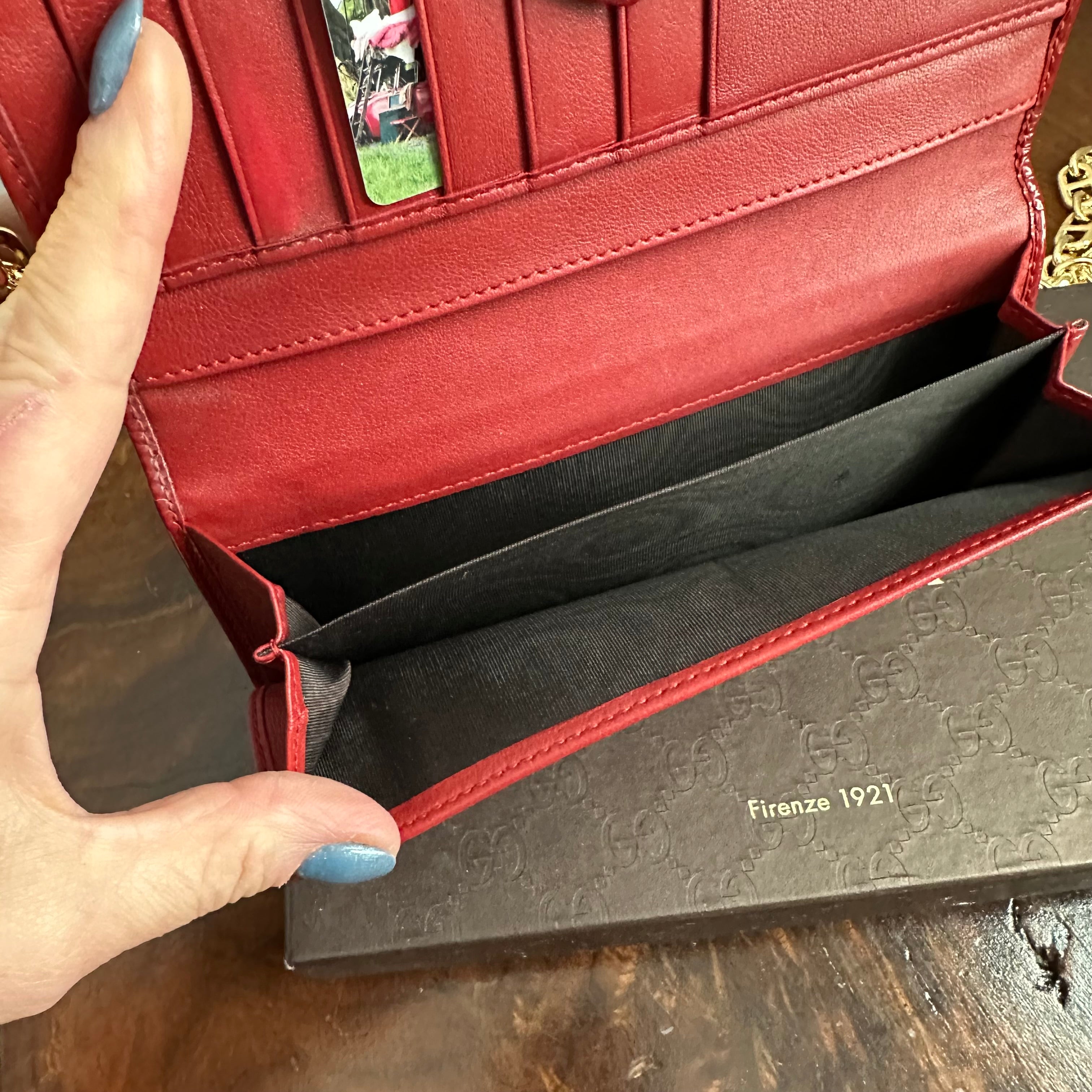 The Junco Wallet on Chain - Vintage GG in Red Patent Leather