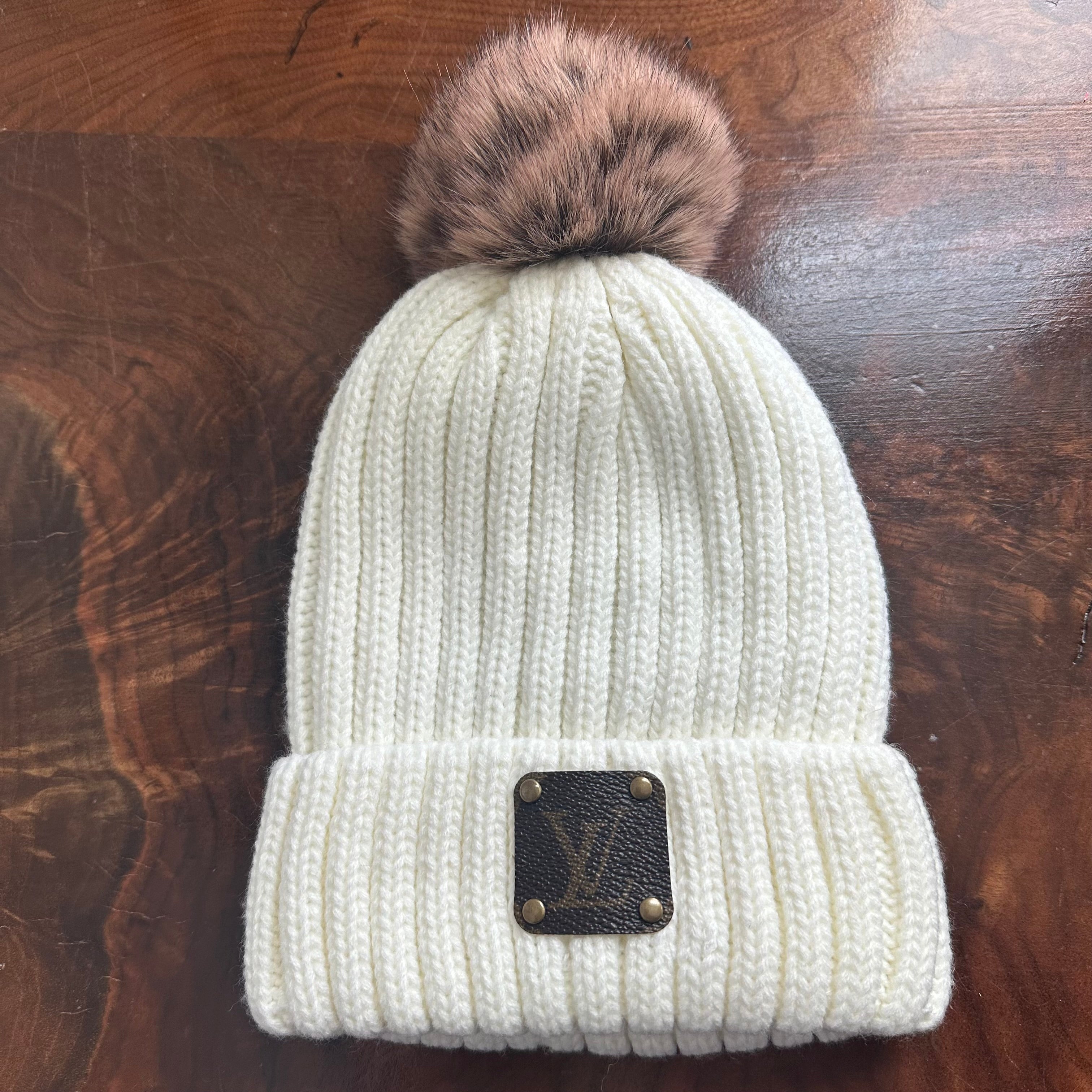 Pom-Pom Beanie Hat - Upcycled LV Patch in Monogram