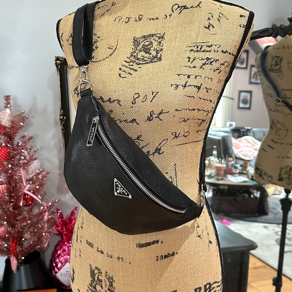 Black Leather Prada Tag Sling/Fanny Pack Bag (smaller)
