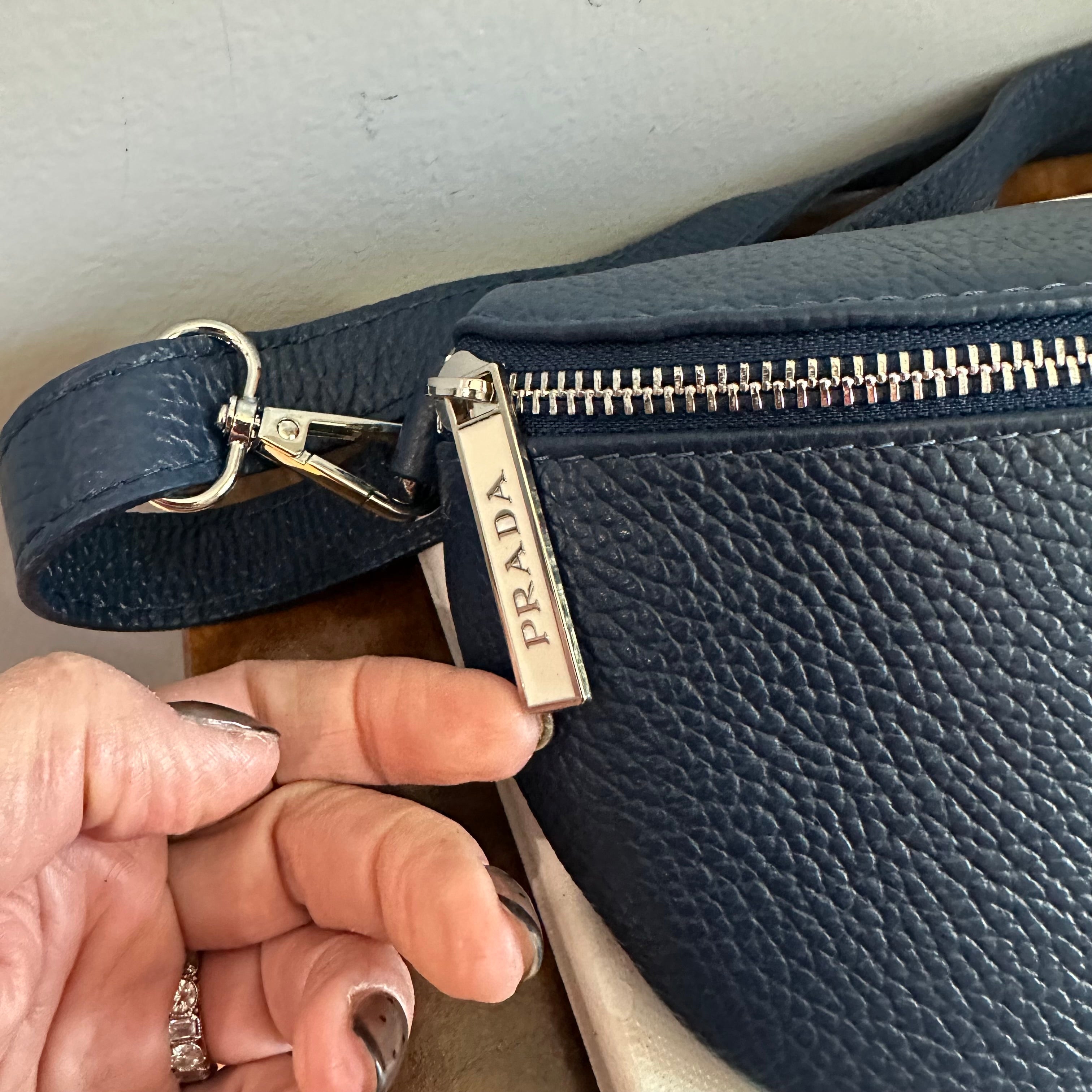 Navy Leather Prada Tag Sling/Fanny Pack Bag Silver (larger)