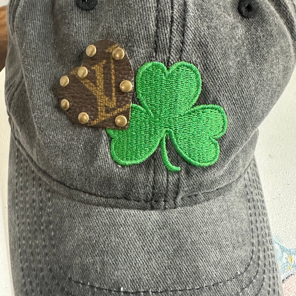 Upcycled LV Heart Patch on Black Washed Hat with Green Shamrock