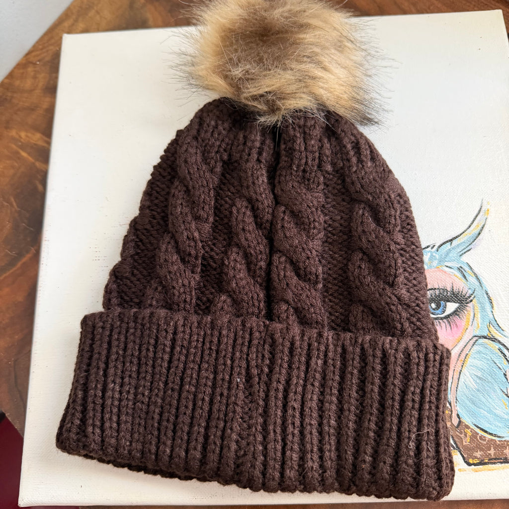 Chocolate Brown Beanie with Pom with Upcycled LV Patch