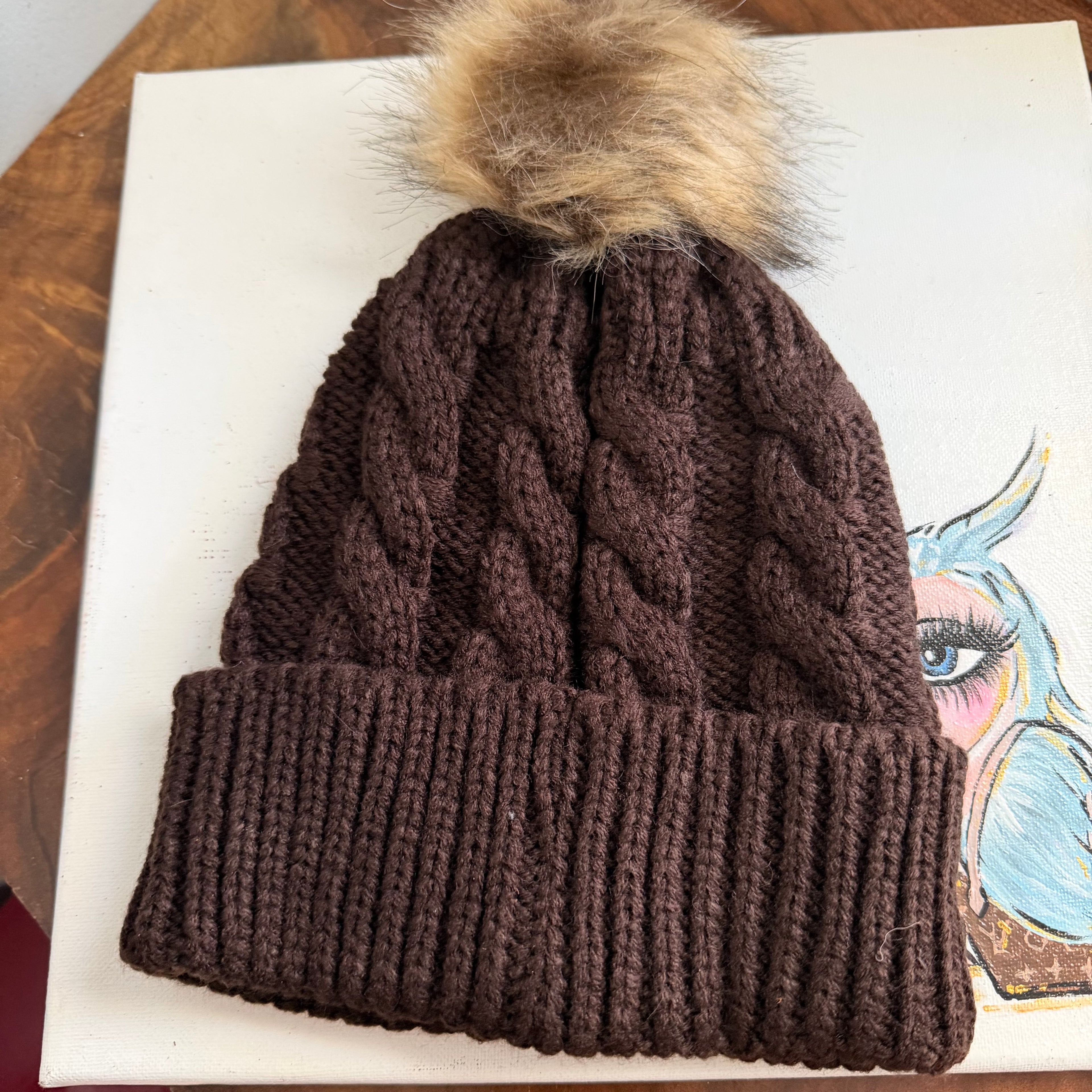 Chocolate Brown Beanie with Pom with Upcycled LV Patch