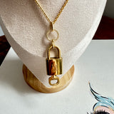 Key to My Heart Necklace - Upcycled LV Padlock on Gold-Filled Chain with Blingy Circle