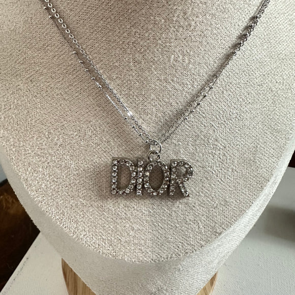 Upcycled Blingy Dior Charm on White Gold-Filled Double Chain Necklace